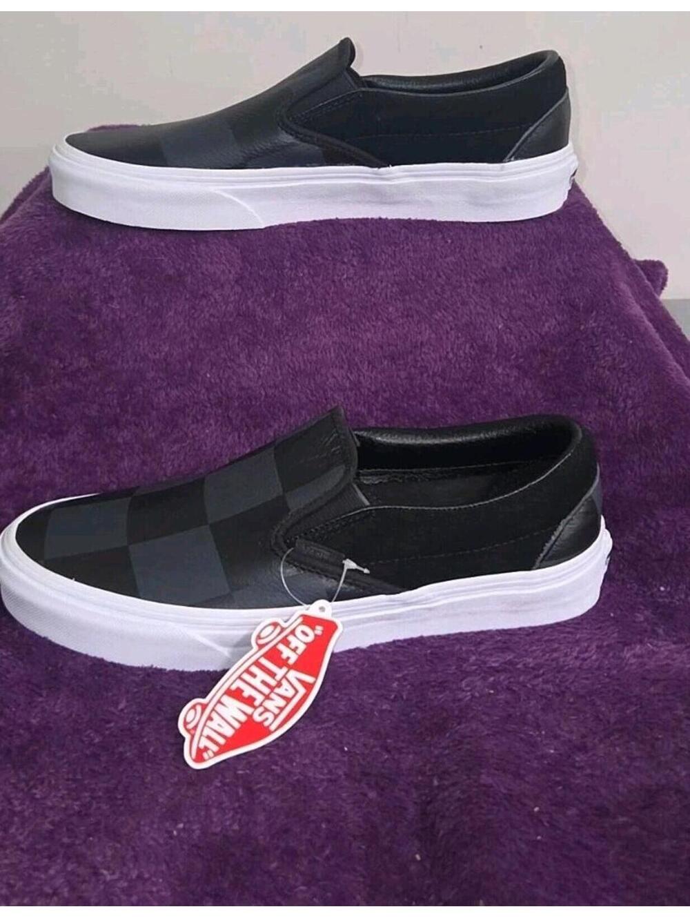 VANS Leather/Suede Check Black Classic Slip On MEN Size 7.5 (WOMEN 9) NWT